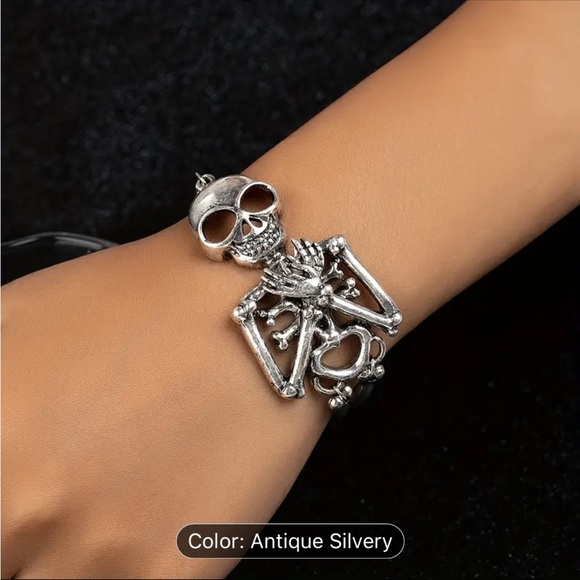 Gothic punk silver tone while skeleton bracelet adjustable for women or men new - Picture 5 of 5